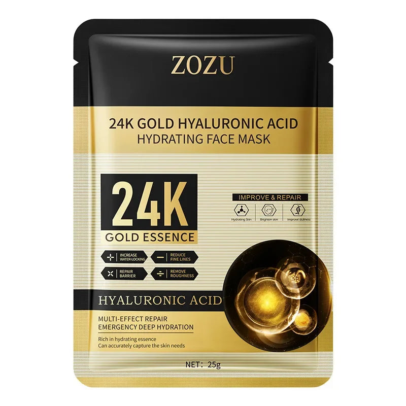 10 pieces 24k Gold Hyaluronic Acid Moisturizing Facial Mask Whitening Mask for Face Women Korean Skin Care Products