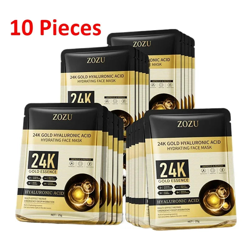 10 pieces 24k Gold Hyaluronic Acid Moisturizing Facial Mask Whitening Mask for Face Women Korean Skin Care Products