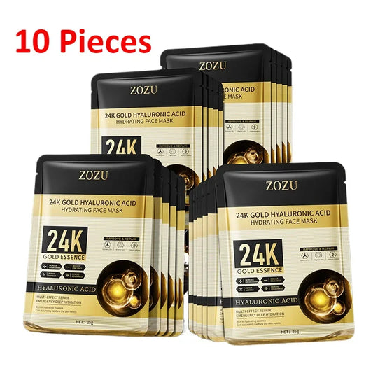 10 pieces 24k Gold Hyaluronic Acid Moisturizing Facial Mask Whitening Mask for Face Women Korean Skin Care Products