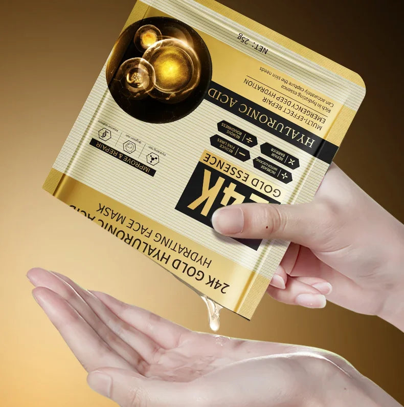 10 pieces 24k Gold Hyaluronic Acid Moisturizing Facial Mask Whitening Mask for Face Women Korean Skin Care Products