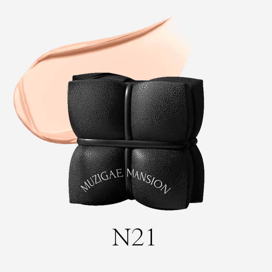 MUZIGAE MANSION Sleek Matt Cushion N21, custodia nera con campione di fondotinta beige