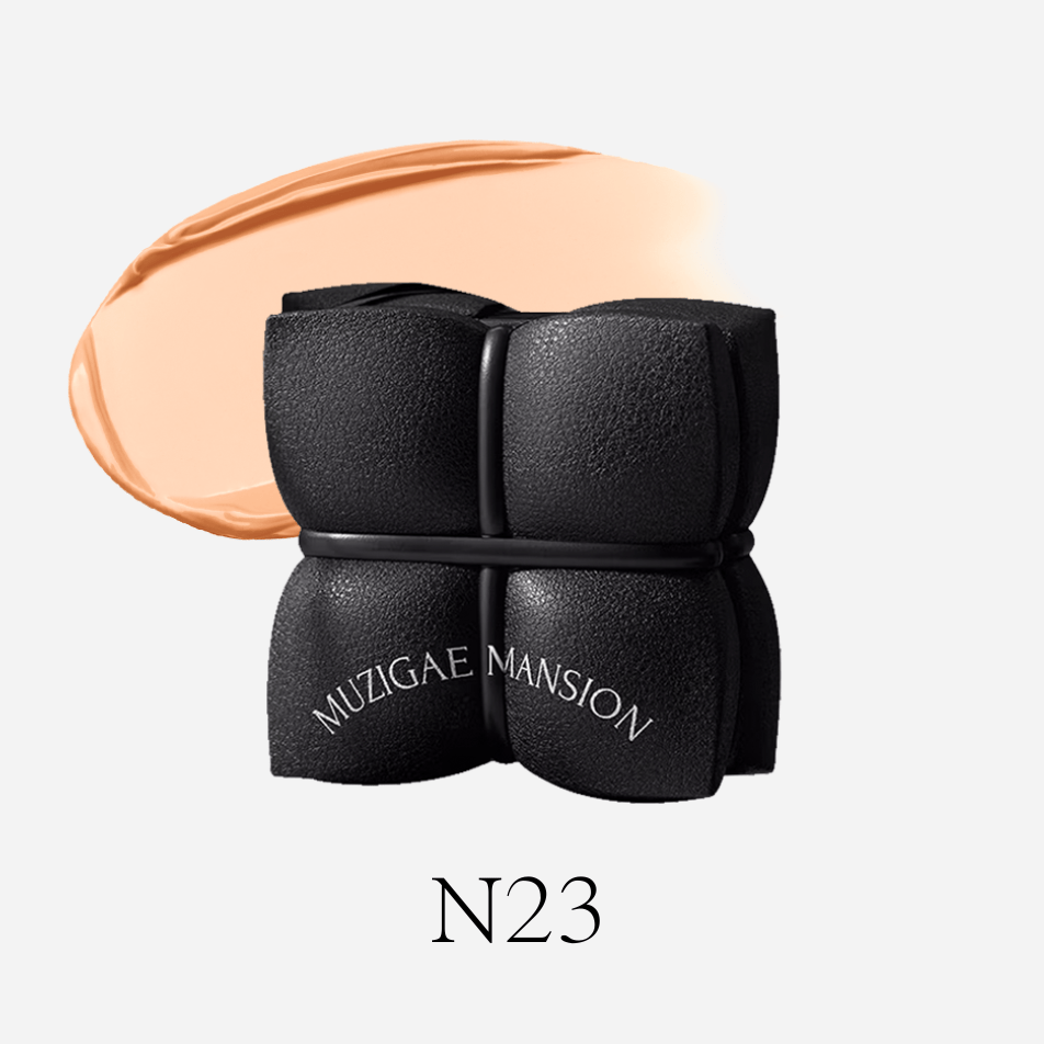 MUZIGAE MANSION Sleek Matt Cushion N23, custodia nera con campione di fondotinta beige dorato